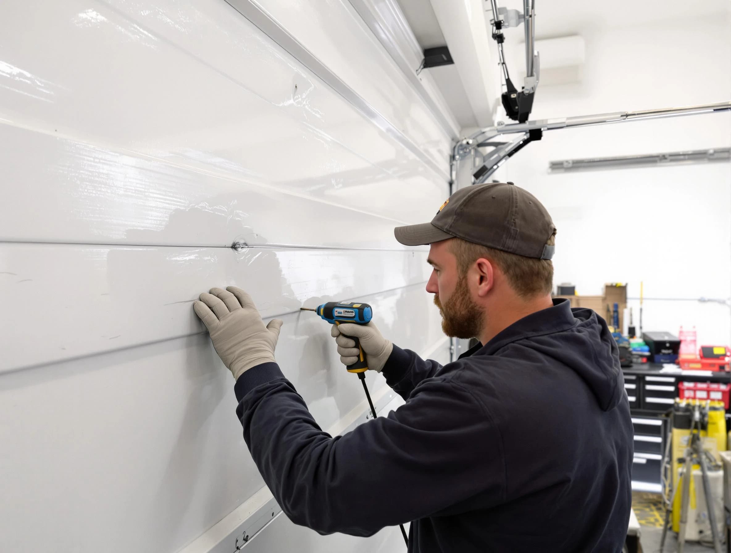 Ohio Garage Door Repair technician demonstrating precision dent removal techniques on a Ohio garage door